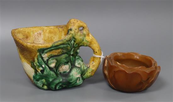 A Chinese sancai rhyton cup, Tang dynasty or later and a coquilla nut brushwasher